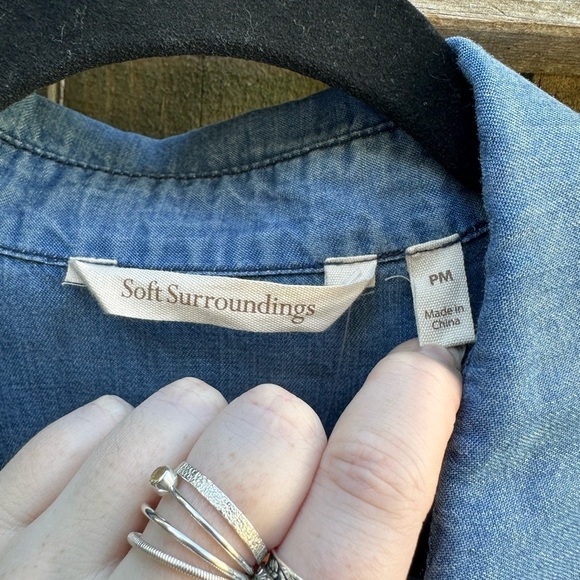 Soft Surroundings Washed Tencel Chambray Asymmetrical Button Front Blouse - Picture 6 of 9